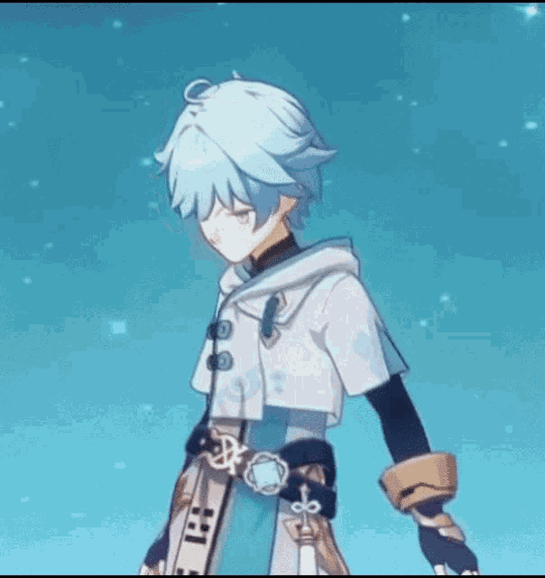 a cartoon character with blue hair is standing in the snow .