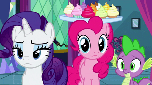 pinkie pie and rarity from my little pony are standing next to a dragon