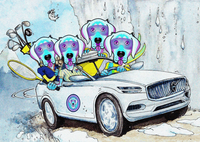 a cartoon drawing of a volvo car with four dogs riding in it