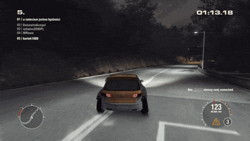 a screenshot of a video game shows a car driving down a road at night