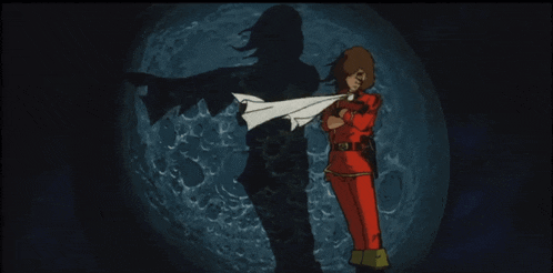 a cartoon of a man standing in front of a moon
