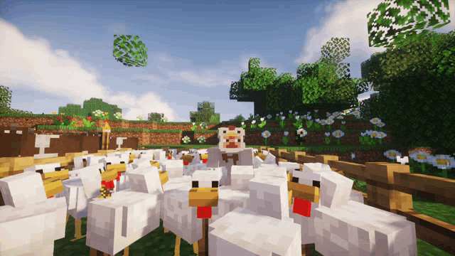 a group of chickens are standing in a field in minecraft