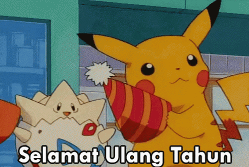 a pikachu wearing a party hat with the words selamat ulang tahun written below it
