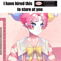 a clown with pink hair and a white mask is wearing a pink and white striped shirt .