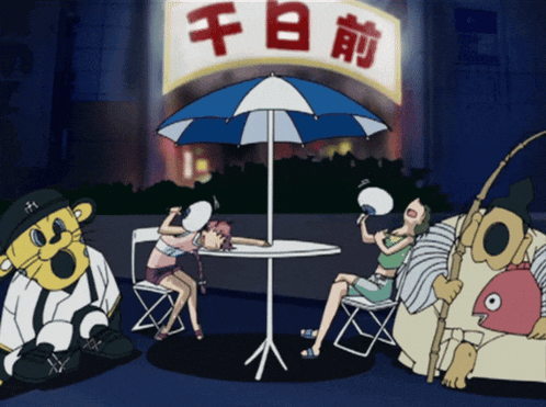 a cartoon of people sitting under an umbrella in front of a sign that says fb on it