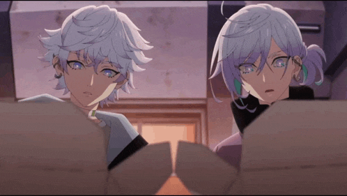 a couple of anime characters with white hair looking at something