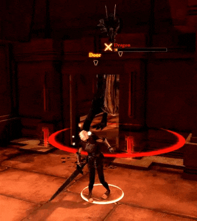 a video game character is standing in front of a dragon with the word door above it