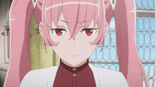 a girl with pink hair and red eyes is looking at something