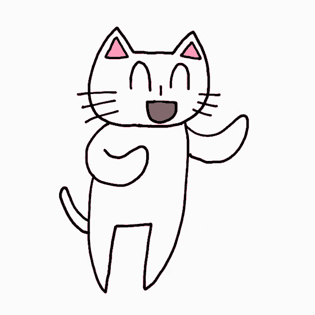 a cartoon drawing of a white cat with pink ears and a red mouth