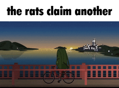 a cartoon of a person riding a bike on a bridge with the words the rats claim another