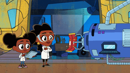 two cartoon characters are standing in front of a blue machine