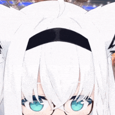 a close up of a girl with white hair and blue eyes wearing glasses