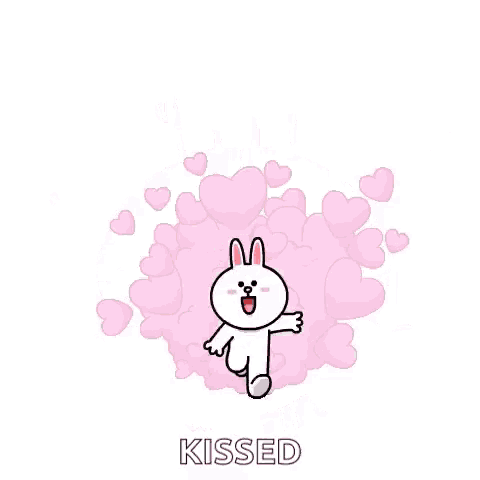 a cartoon rabbit is surrounded by hearts and kisses and has been kissed .