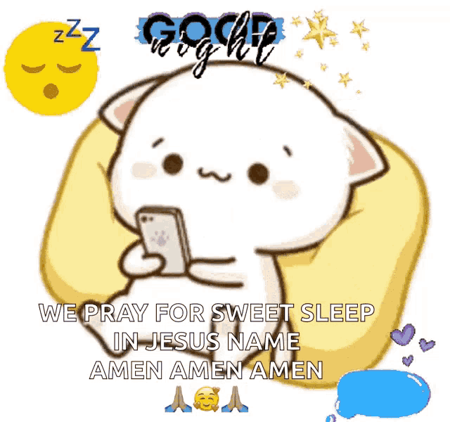 a cartoon cat is laying on a pillow looking at a cell phone