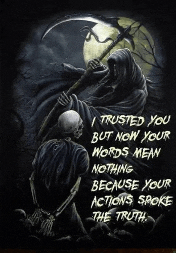 a grim reaper is holding a scythe and has a quote on the bottom