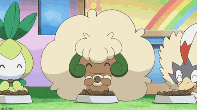 a cartoon of a sheep eating a cookie with a bowl of food in front of it