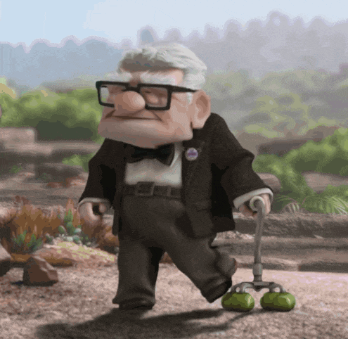 a cartoon character with glasses and a cane is walking