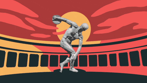a statue of a man throwing a discus in a stadium