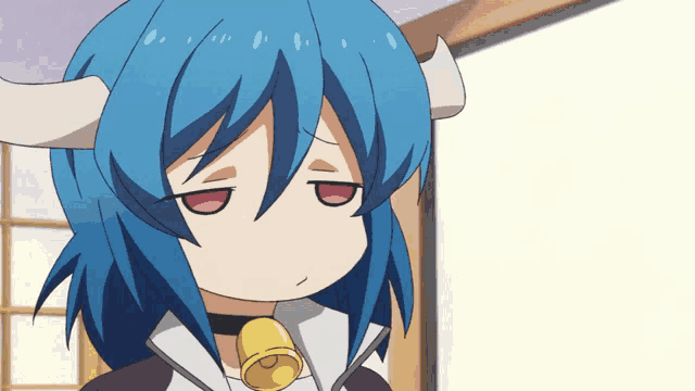 a cartoon character with blue hair and horns has a bell around her neck