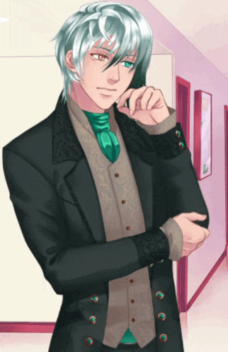 a man with white hair and green eyes is wearing a black suit and tie