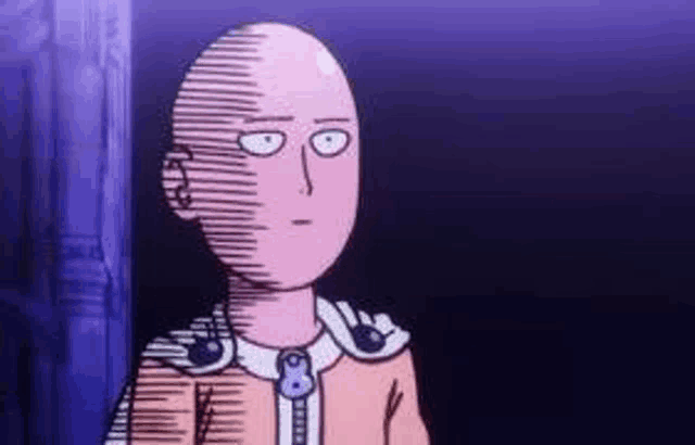 one punch man is a cartoon character with a bald head and a zipper on his jacket .