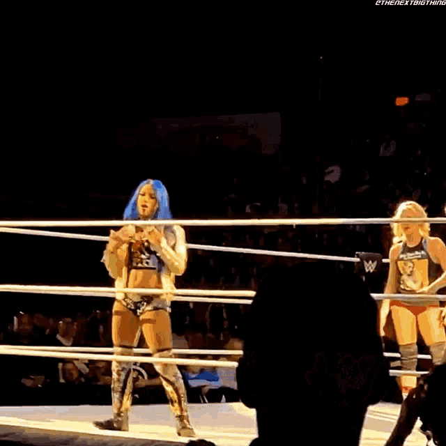 a wrestler with blue hair is standing in a wrestling ring .