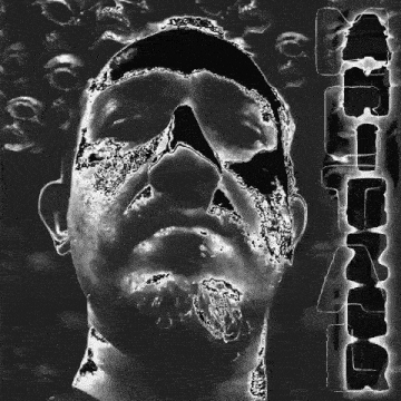 a black and white photo of a man 's face with a skull in the background and a skull with the letter l on it