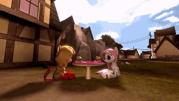 two ponies are sitting at a table in the grass