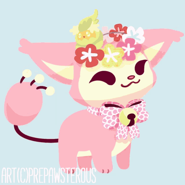 a drawing of a pink cat with flowers on its head and the words art ( c ) prepawsterous below it