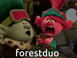 two trolls from the movie trolls are standing next to each other and talking .