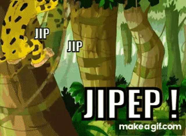a cartoon of a leopard in the jungle with jipep written on the bottom right