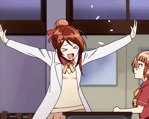 a girl in a lab coat is screaming with her arms in the air