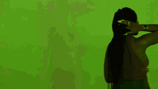 a woman with long braids is standing in front of a green wall .
