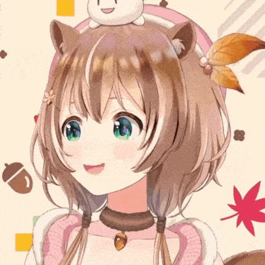 a close up of a girl with acorns and leaves on the background
