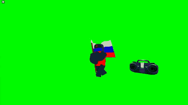a green screen with a person holding a russian flag and a boombox