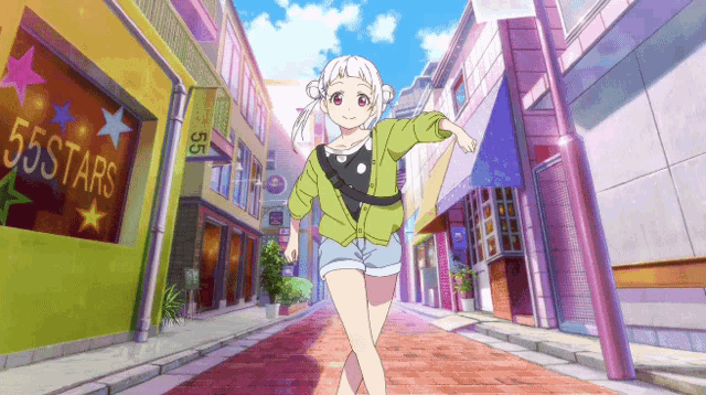 a girl is walking down a street in front of a 55 stars store