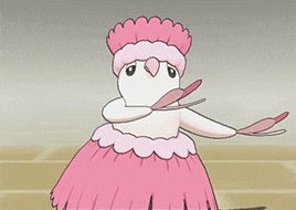 a cartoon of a bird wearing a pink dress and hat