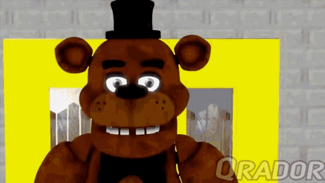 a brown teddy bear with a top hat is standing in front of a yellow sign that says qrador on it