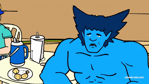 a cartoon drawing of a blue superhero sitting at a table