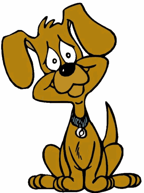 a cartoon brown dog with a blue collar and tag