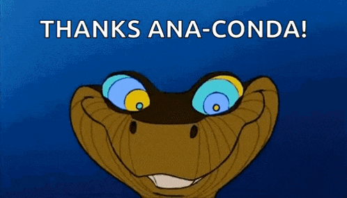 a cartoon snake is smiling and says thanks ana-conda !