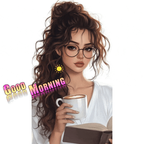 a woman is holding a cup of coffee and reading a book with the words good morning written below her