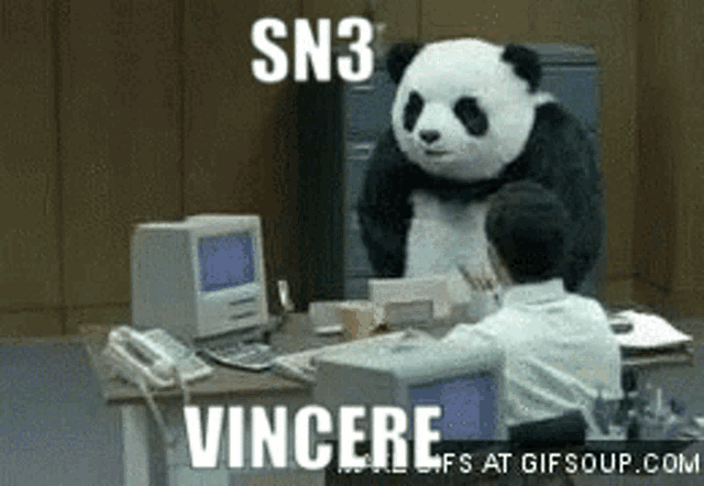 a panda bear is standing next to a man sitting at a desk with a computer