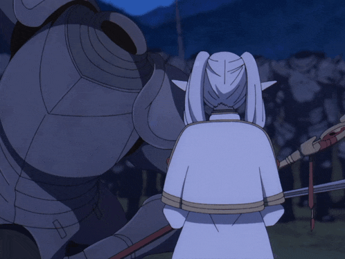 a woman in a white cape is standing next to a man in armor with a sword