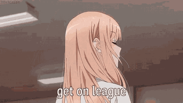 a blonde anime girl with red eyes is smiling and says `` get on league '' .