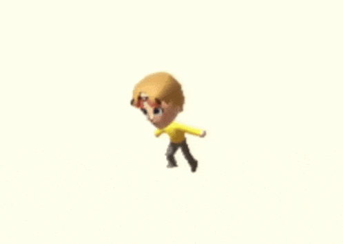 a cartoon character in a yellow shirt and black pants is flying through the air .
