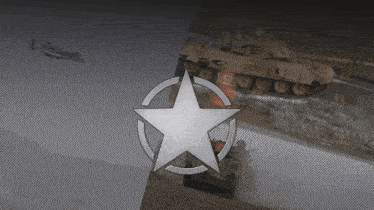 a gray background with a star in the middle and a tank in the background