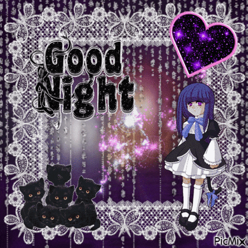 a picture of a girl and cats with the words good night
