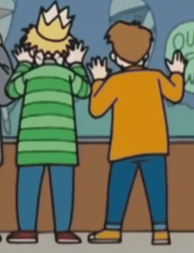 a cartoon of two boys looking at a fish tank