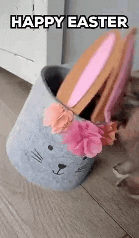 a cat is standing next to a basket with bunny ears on it and a happy easter greeting .